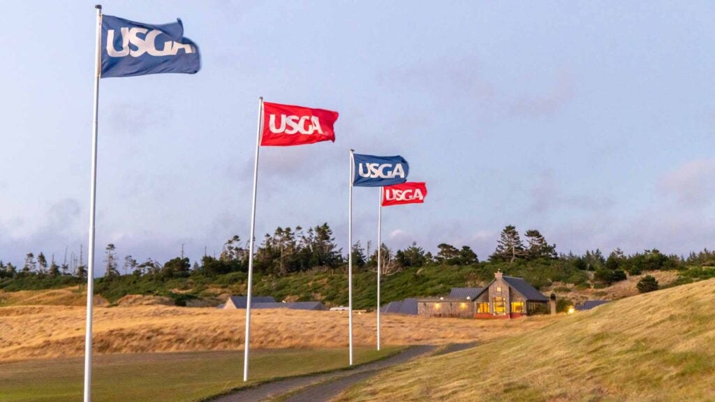 USGA flags fly over the Bandon Dunes Club House before the U.S. Junior Amateur at Bandon Dunes Golf Resort.