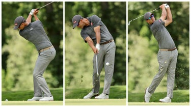 three images of Adam Scott hitting a golf shot