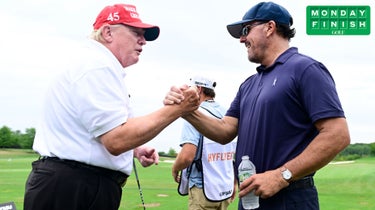 Former President Trump and Phil Mickelson say hello at the LIV Golf event at Trump Bedminster.