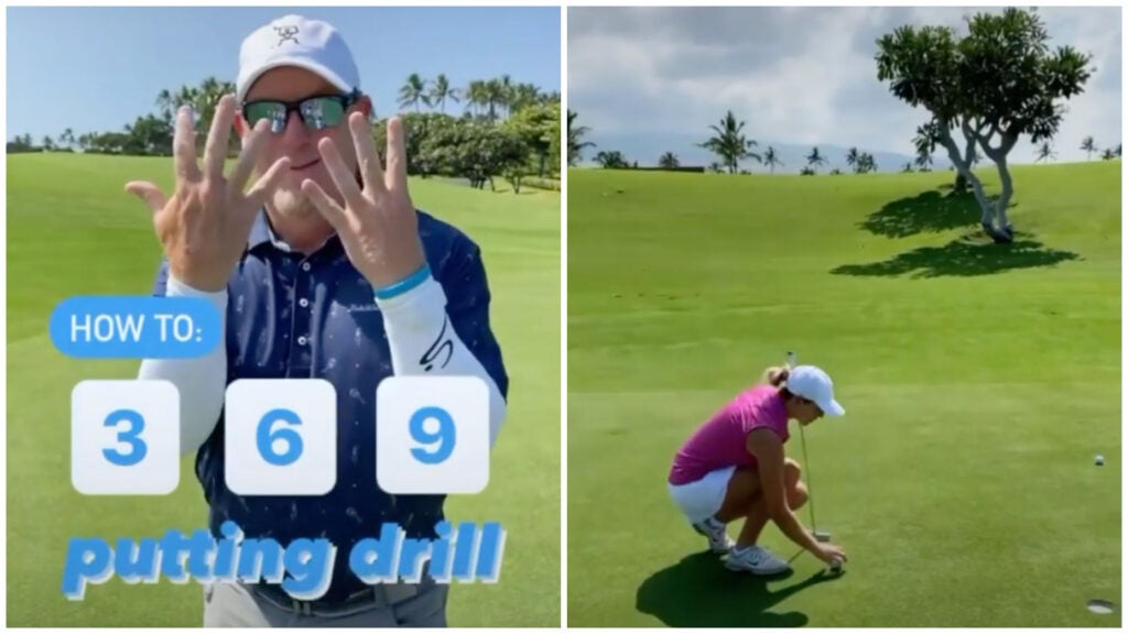 Golf instructor demonstrates putting drill