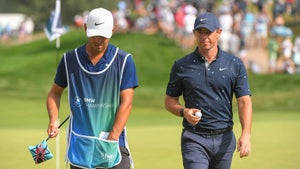 Rory McIlroy walks with caddie at 2021 BMW Championship