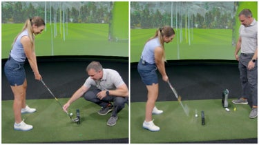 Golfer and instructor demonstrating drill