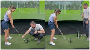 Golfer and instructor demonstrating drill