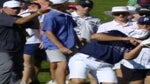 Bryson DeChambeau is hit with a gallery rope.