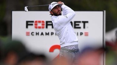 Max Homma of the United States hits the tee on the second hole during the final round of the Fortinet Championship at the Silverado Resort & Spa North Course on September 18, 2022 in Napa, California.
