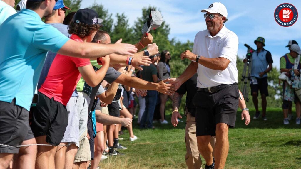 Team Captain Phil Mickelson of Hy Flyers GC greets fans in the gallery during Day Two of the LIV Golf Invitational - Boston at The Oaks golf course at The International on September 03, 2022 in Bolton, Massachusetts.