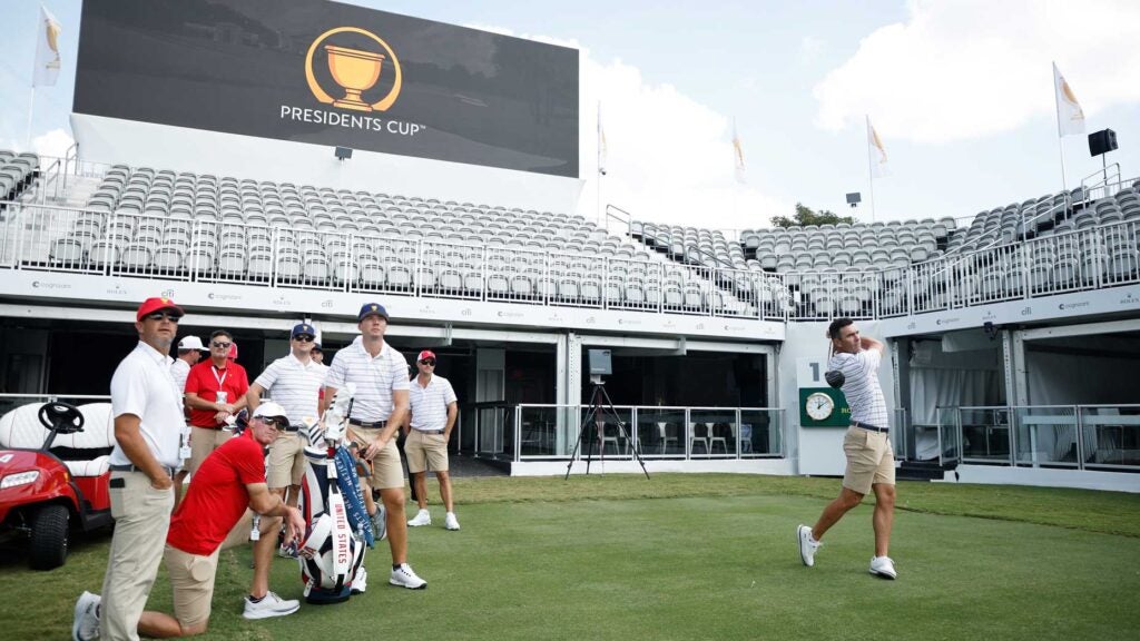 Billy Horschel of the United States Team plays his shot from the first tee prior to the 2022 Presidents Cup at Quail Hollow Country Club on September 19, 2022 in Charlotte, North Carolina.
