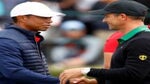 Adam Scott of Australia and the International team shakes hands with Playing Captain Tiger Woods and the United States team after the United States team defeated them 16-14 on day four of the 2019 Presidents Cup at Royal Melbourne Golf Course on December 15, 2019 in Melbourne, Australia.
