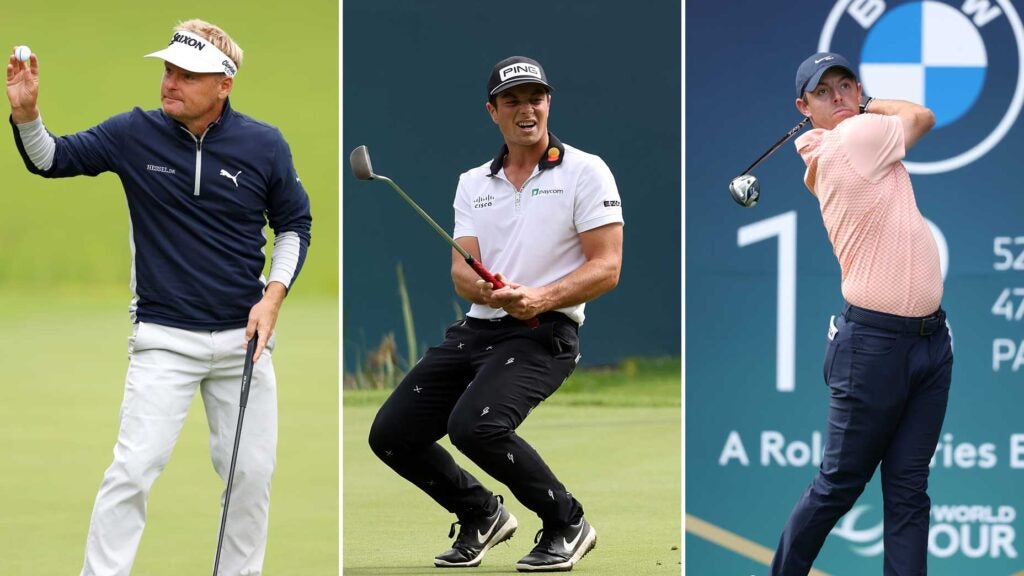 Soren Kjeldsen, Viktor Hovland and Rory McIlroy play shots during Round Two on Day Three of the BMW PGA Championship at Wentworth Golf Club on September 10, 2022 in Virginia Water, England.