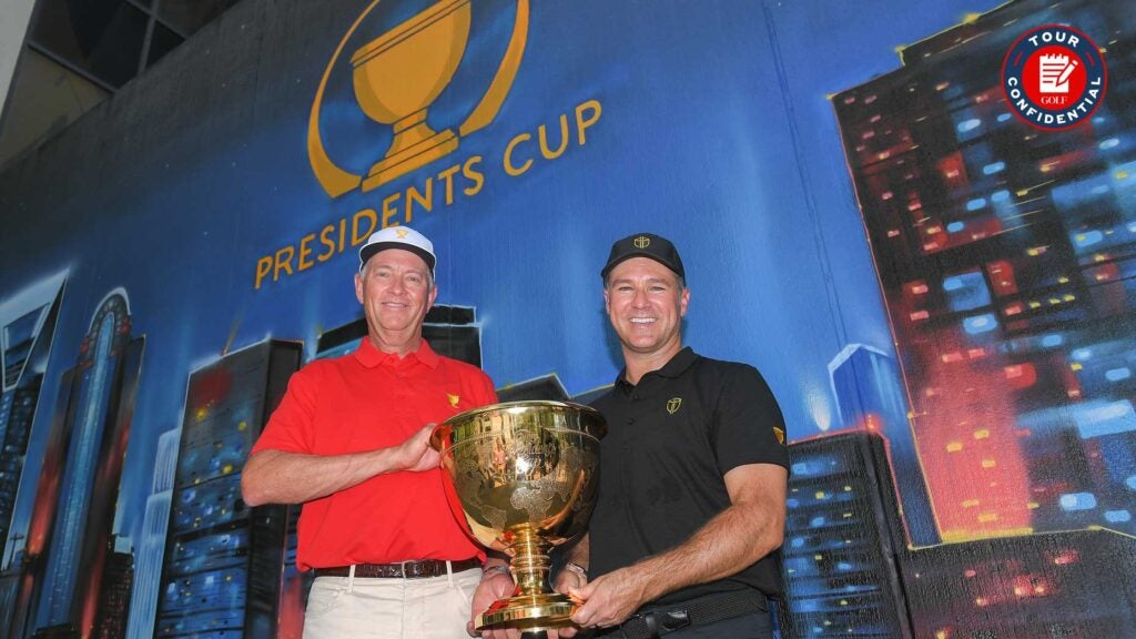 Davis Love III and Trevor Immelman visit the Presidents Cup art mural in downtown Charlotte during the Captains Visit for 2022 Presidents Cup on September 29, 2021 in Charlotte, North Carolina.