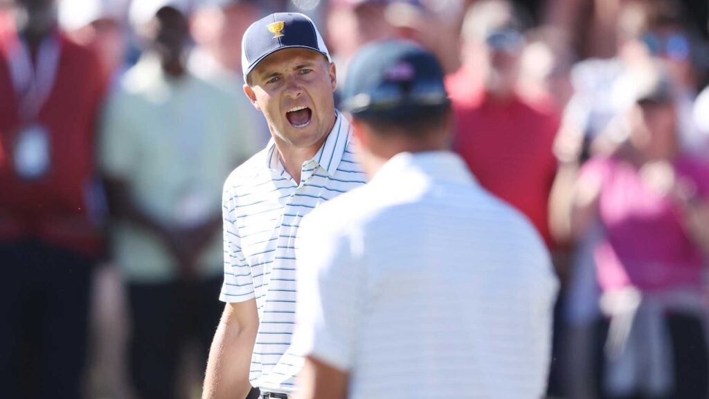 Jordan Spieth and Justin Thomas celebrate a big putt during Friday at the Presidents Cup.
