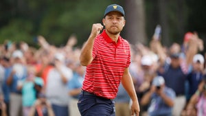Xander Schauffele celebrates his singles win at the Presidents Cup.