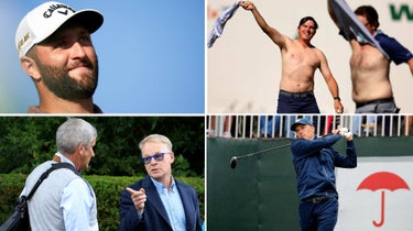 Jon Rahm, Joel Dahmen and Harry Higgs at the WM Phoenix Open, Jordan Spieth at the Travelers Championship, Jay Monahan and Keith Pelley (clockwise from top left).