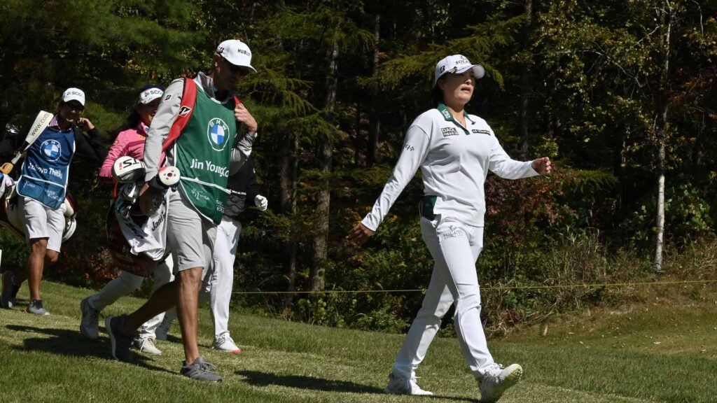 Ko Jin-young of South Korea walks off the second tee during the first round of the BMW Ladies Championship golf tournament at Oak Valley Country Club in Wonju on October 20, 2022.