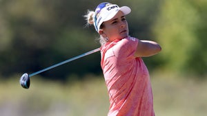 Lexi Thompson plays her shot on the eighth tee during the third round of The Ascendant LPGA benefiting Volunteers of America at Old American Golf Club on October 01, 2022 in The Colony, Texas.