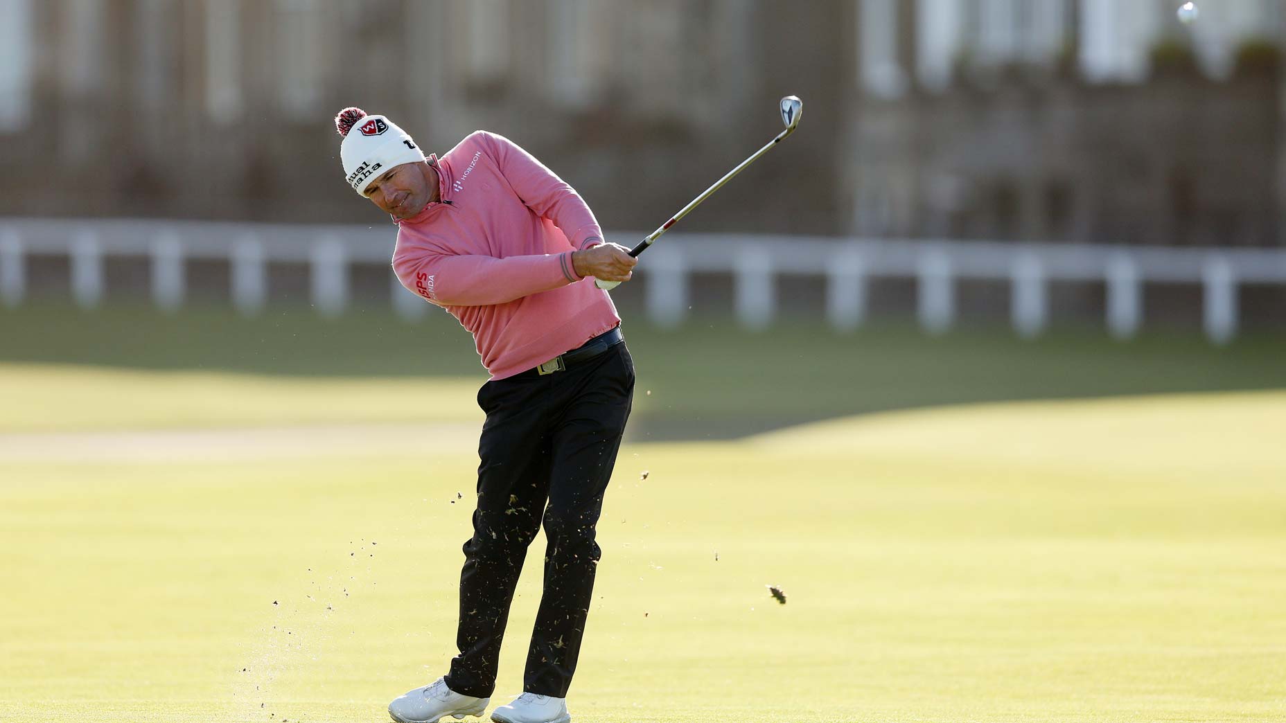 Padraig Harrington of Ireland plays their second shot on the 1st hole on Day Three of the Alfred Dunhill Links Championship on the Old Course St. Andrews on October 01, 2022 in St Andrews, Scotland.