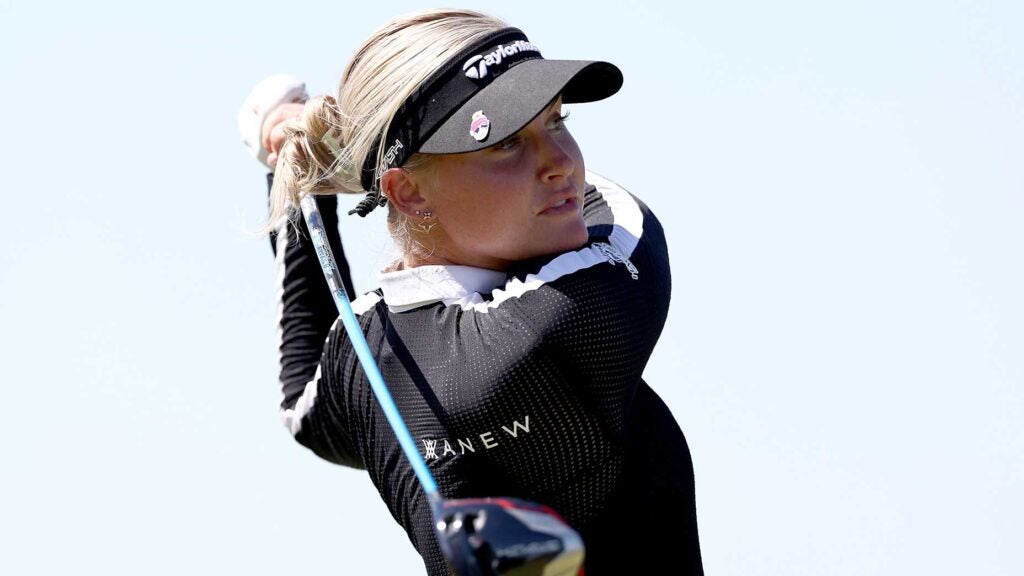 Charley Hull watches a tee shot during the final round on Sunday in Texas.