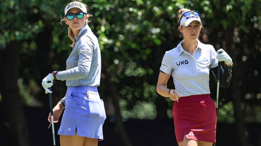 Jessica and Nelly Korda watch tee shot at 2022 U.S. Women's Open