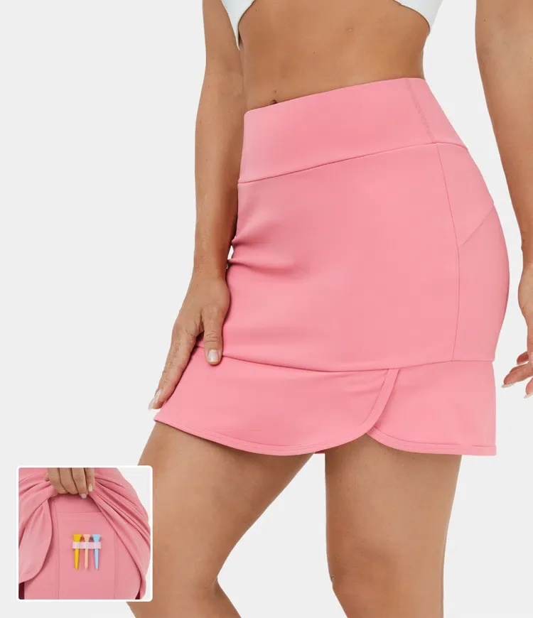 High Waisted Split Hem 2-in-1 Side Pocket Mini Golf Skirt-Golf Tee Pocket, Pink