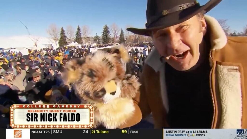 Nick Faldo was the celebrity guest picker for College GameDay's visit to Bozeman, Montana.