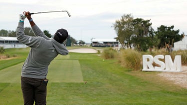 Sahith Theegala of the United States plays his shot from the 17th tee at Sea Island Resort Seaside Course on November 19, 2022 in St Simons Island, Georgia.