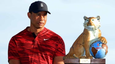 Tiger Woods of the United States looks on during the trophy ceremony after the final round of the Hero World Challenge at Albany Golf Course on December 05, 2021 in Nassau.