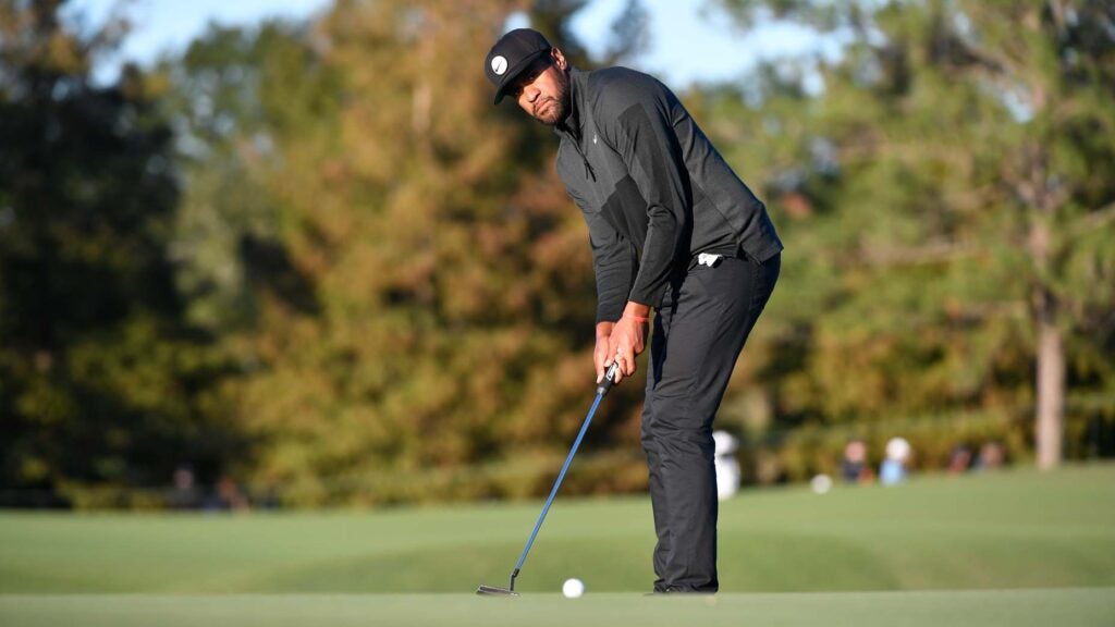 Tony Finau of the United States putts on the 17th green during the third round of the Cadence Bank Houston Open at Memorial Park Golf Course on November 12, 2022 in Houston, Texas.