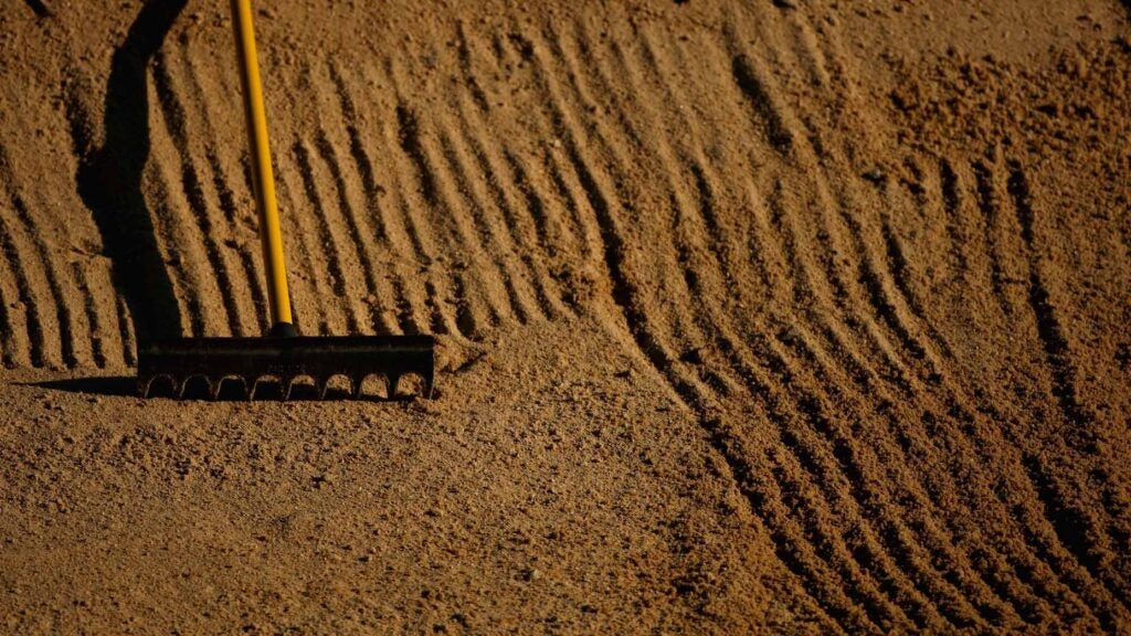 A detail shot of a rake in a bunker during the first round of the Evian Masters on July 26, 2007 in Evian, France.