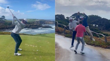 SMU golfer Christian Clark hits a hole-in-one on the 16th hole at Cypress Point and then celebrates with his playing partners.