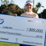 Lydia Ko (NZL) holds her winner's check after winning the Gainbridge LPGA on January 30, 2022, at Boca Rio Golf Club, in Boca Raton, FL. (Photo by Aaron Gilbert/Icon Sportswire via Getty Images)
