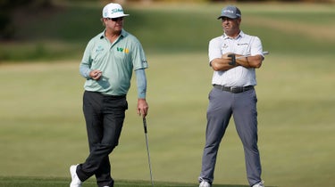 Ryan Palmer and Charley Hoffman of the United States look on from the seventeenth green during round among the list of QBE Shootout at Tiburon Golf Club on December 09, 2022 in Naples, Florida