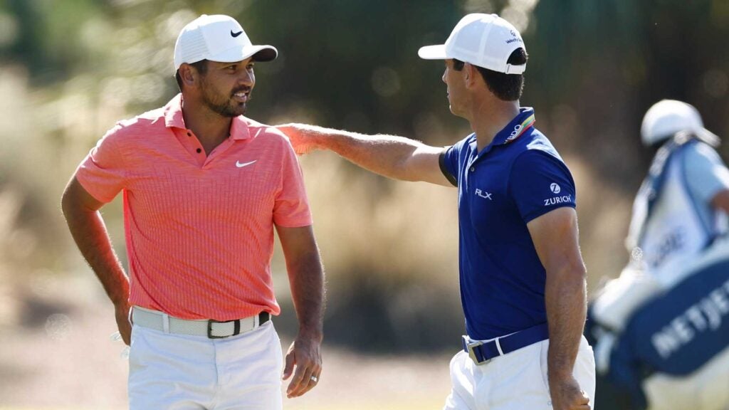 Jason Day and Billy Horschel of the United States interact on the 2nd fairway during round two of the QBE Shootout at Tiburon Golf Club on December 10, 2022 in Naples, Florida.