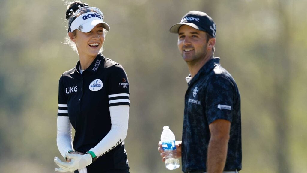 Nelly Korda and Denny McCarthy of the United States interact on the 3rd tee during round two of the QBE Shootout at Tiburon Golf Club on December 10, 2022 in Naples, Florida.