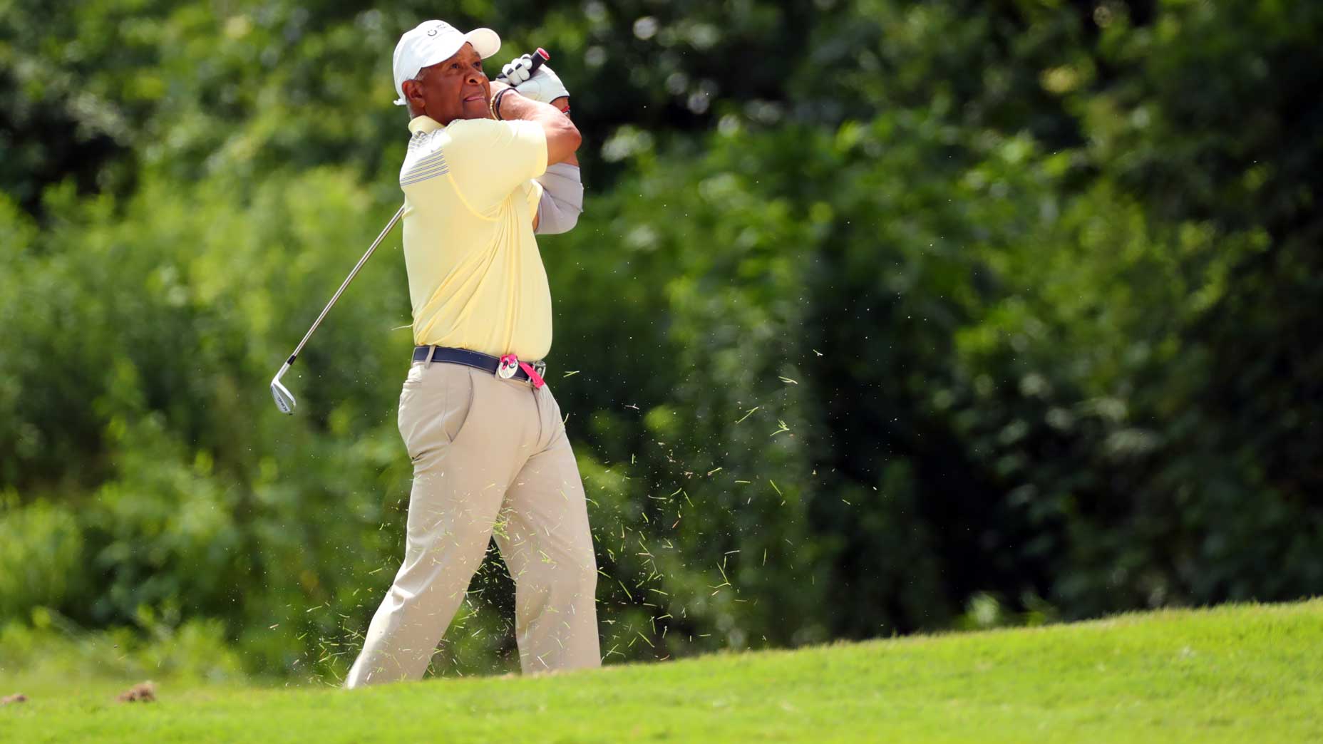 Ozzie Smith plays a shot on the 12th hole during the first round of the BMW Charity Pro-Am presented by Synnex Corporation at the Thornblade Club on June 10, 2021 in Greer, South Carolina.