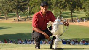 Tiger Woods posing with the Wanamaker trophy on 18 green after the Final Round of the 89th PGA Championship held at Southern Hills Country Club in Tulsa, Oklahoma. Sunday, August 12, 2007.