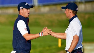 Jordan Spieth of the United States and Justin Thomas of the United States celebrate during the afternoon foursome matches of the 2018 Ryder Cup at Le Golf National on September 29, 2018 in Paris, France