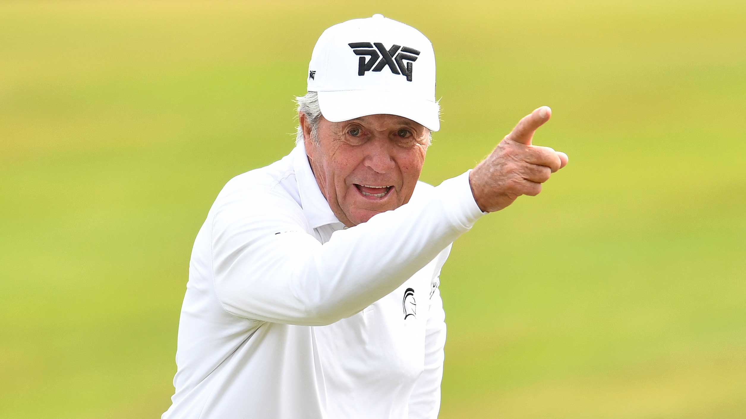 Gary Player of Republic of South Africa gestures at the 3rd green prior to The Senior Open Presented by Rolex at The King's Course on July 19, 2022 in Gleneagles, United Kingdom