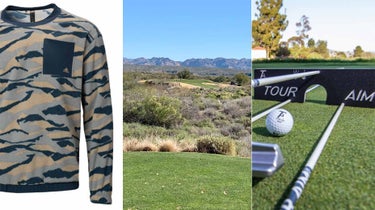 a golf sweatshirt, course and training aid