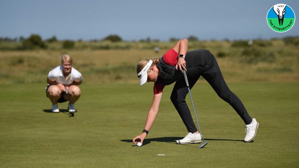 Perla Sol Sigurbrandsdottir of Iceland places a ball marker on the 9th green during Day Three the R&A Women's Amateur Championship at Hunstanton Golf Club on June 22, 2022 in Hunstanton, England