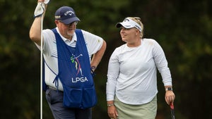 Samantha Wagner chats with her caddie/dad during LPGA Q-Series.