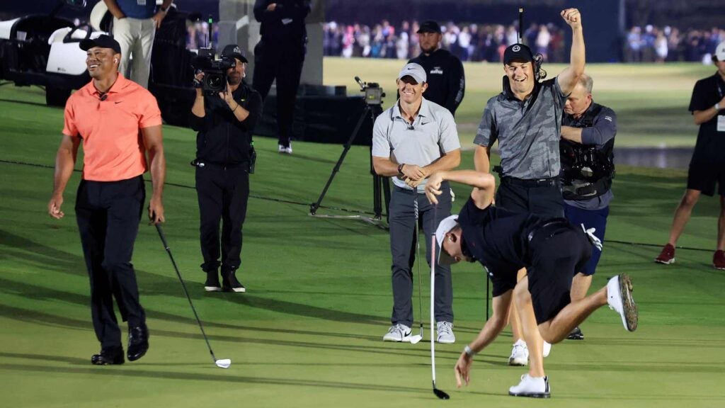 Jordan Spieth and Justin Thomas celebrate their win over Tiger Woods and Rory McIlroy at The Match