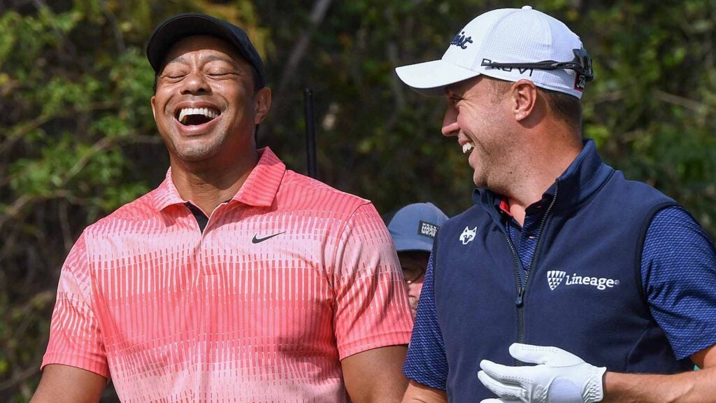 Tiger Woods and Justin Thomas during the first day of the PNC Championship.