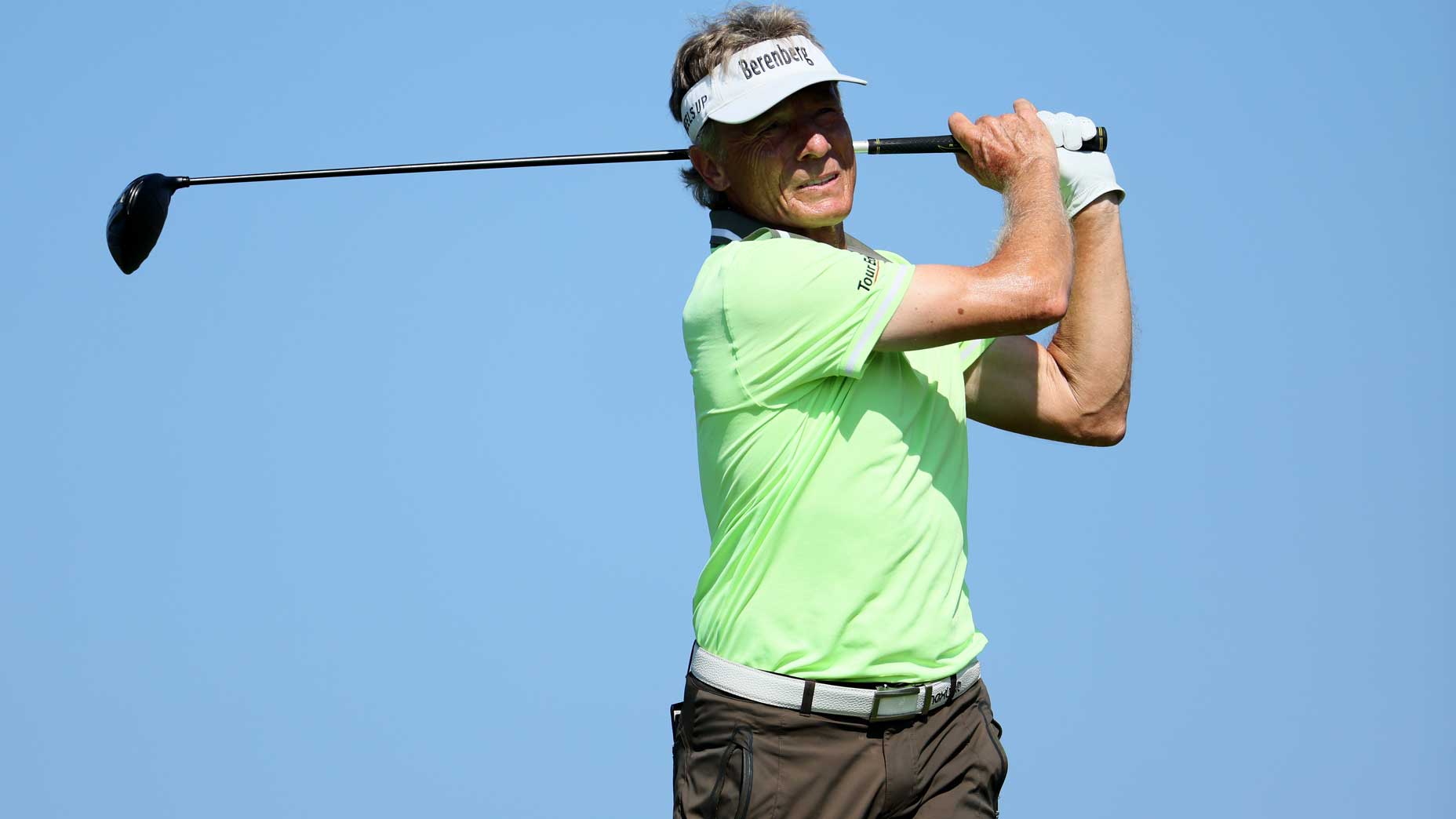 Bernhard Langer of Germany hits his tee shot on the second hole during the final round of the Mitsubishi Electric Championship at Hualalai at Hualalai Golf Club on January 21, 2023 in Kailua Kona, Hawaii.