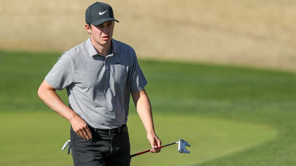 Davis Thompson of the United States walks off a green during the third round of The American Express at PGA West Pete Dye Stadium Course on January 21, 2023 in La Quinta, California.