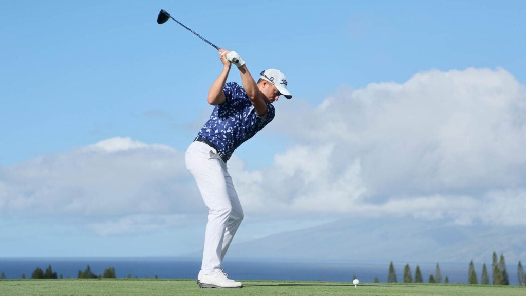 Justin Thomas of the United States plays his shot from the first tee during the second round of the Sentry Tournament of Champions at Plantation Course at Kapalua Golf Club on January 06, 2023 in Lahaina, Hawaii.