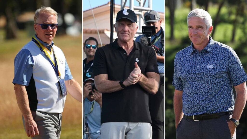 A collage of Keith Pelley, Jay Monahan and Greg Norman.