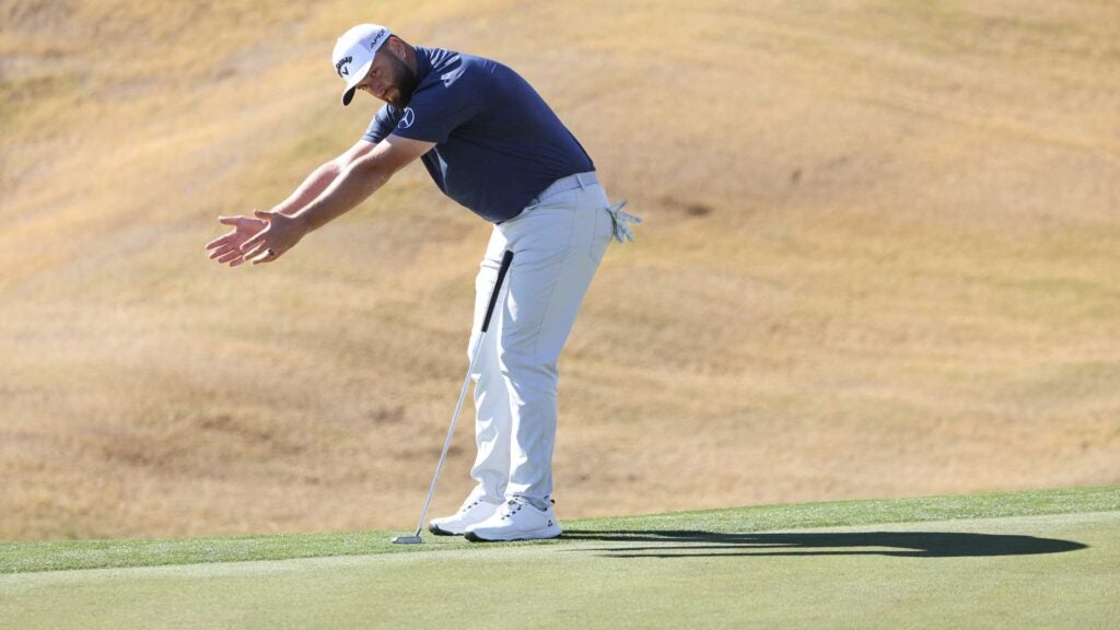 Jon Rahm of Spain reacts to his putt on the first green during the second round of The American Express at PGA West Nicklaus Tournament Course on January 20, 2023 in La Quinta, California.