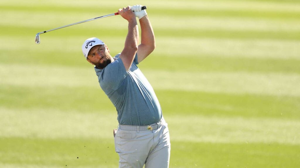 Jon Rahm of Spain hits a shot during the third round of The American Express at PGA West Pete Dye Stadium Course on January 21, 2023 in La Quinta, California.