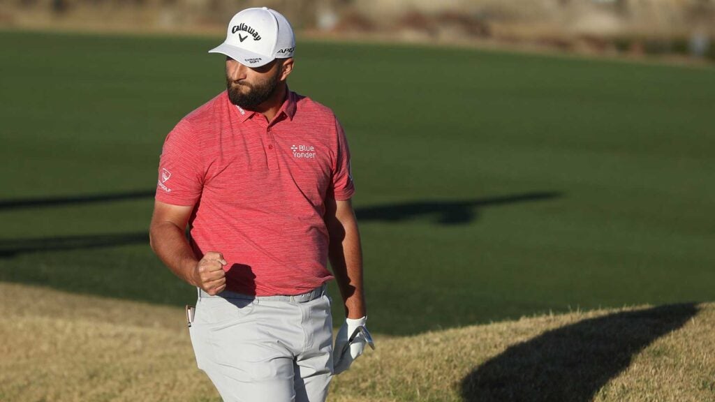 Jon Rahm of Spain reacts on the 18th hole during the final round of The American Express at PGA West Pete Dye Stadium Course on January 22, 2023 in La Quinta, California.