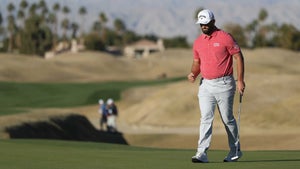 Jon Rahm of Spain reacts on the 16th green during the final round of The American Express at PGA West Pete Dye Stadium Course on January 22, 2023 in La Quinta, California.
